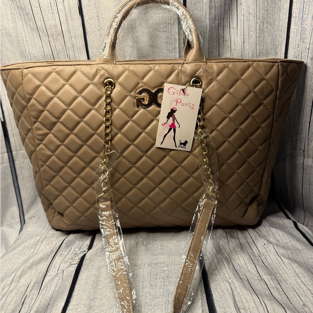 Tan Quilted Tote Bag with Diamond Pattern and Tassels